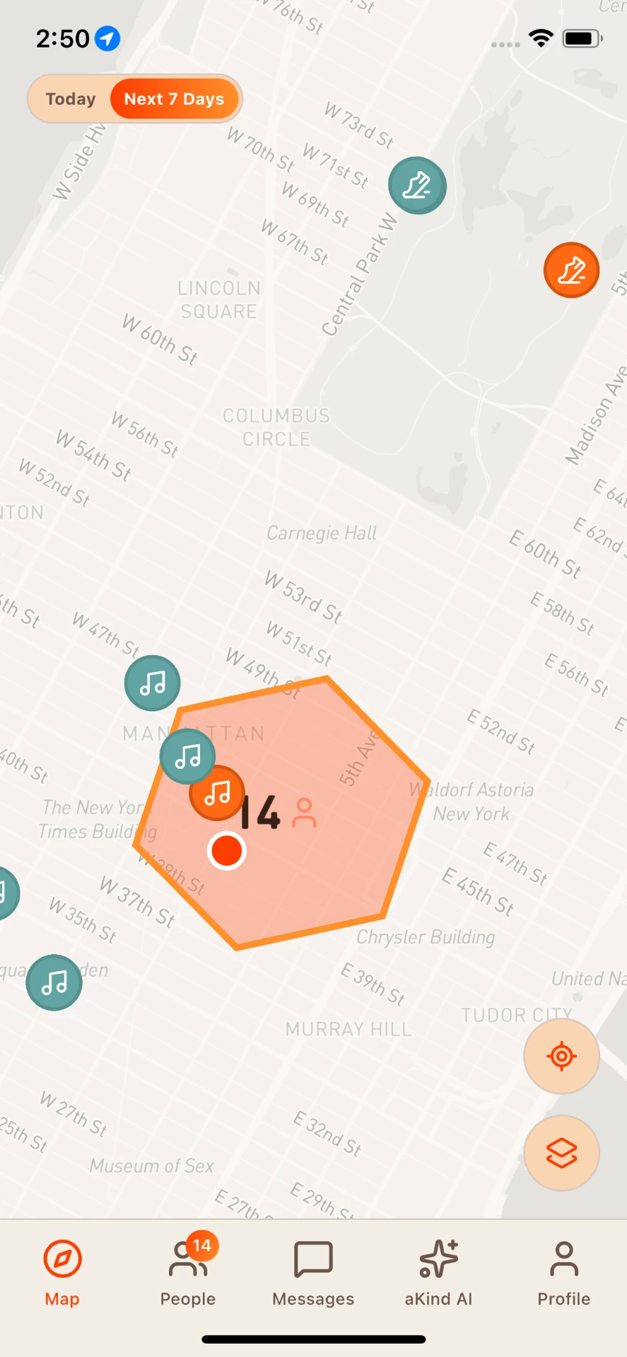 Akind activity map showing live social hubs across the city
