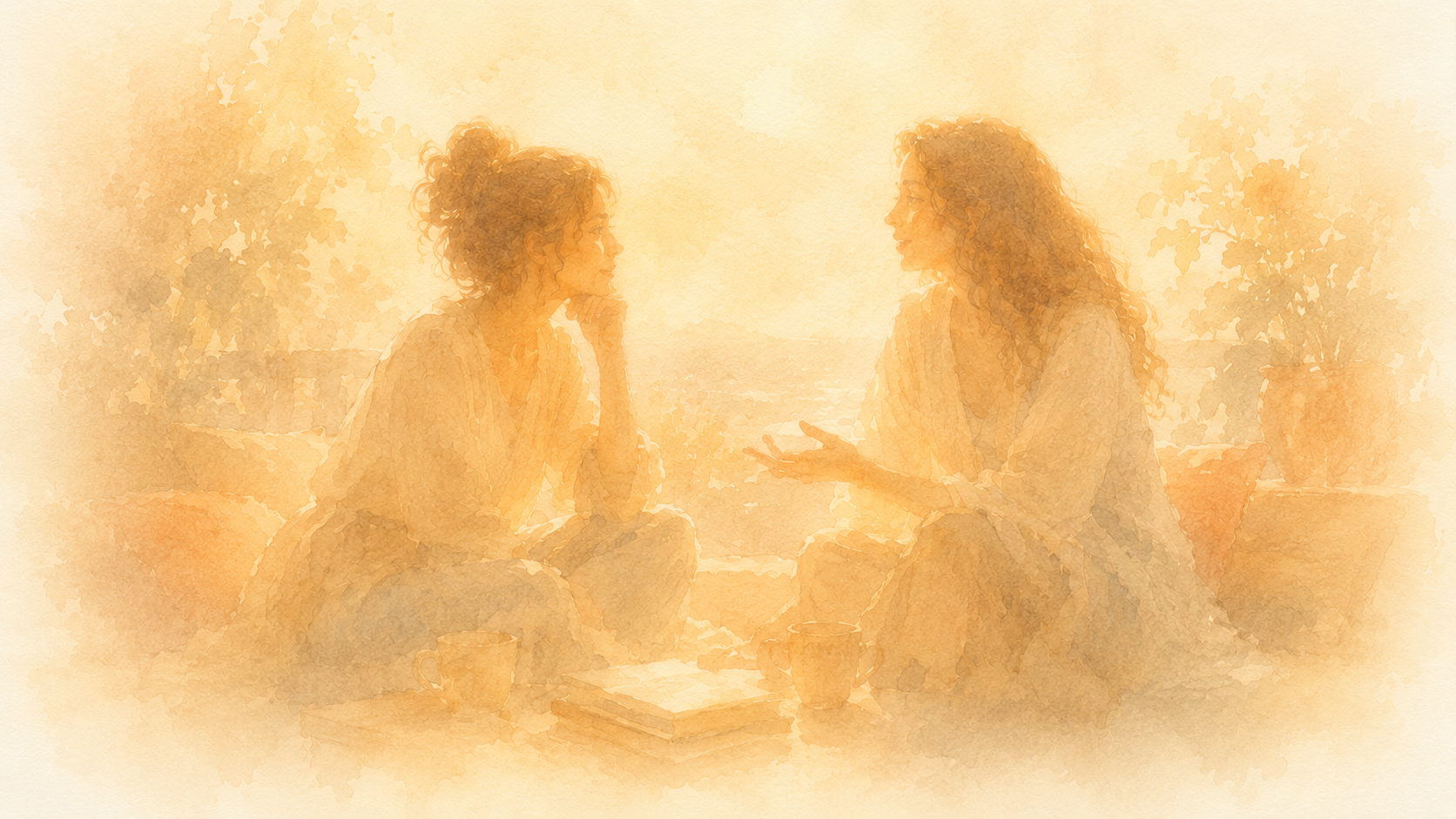 Two friends talking over coffee in warm afternoon light