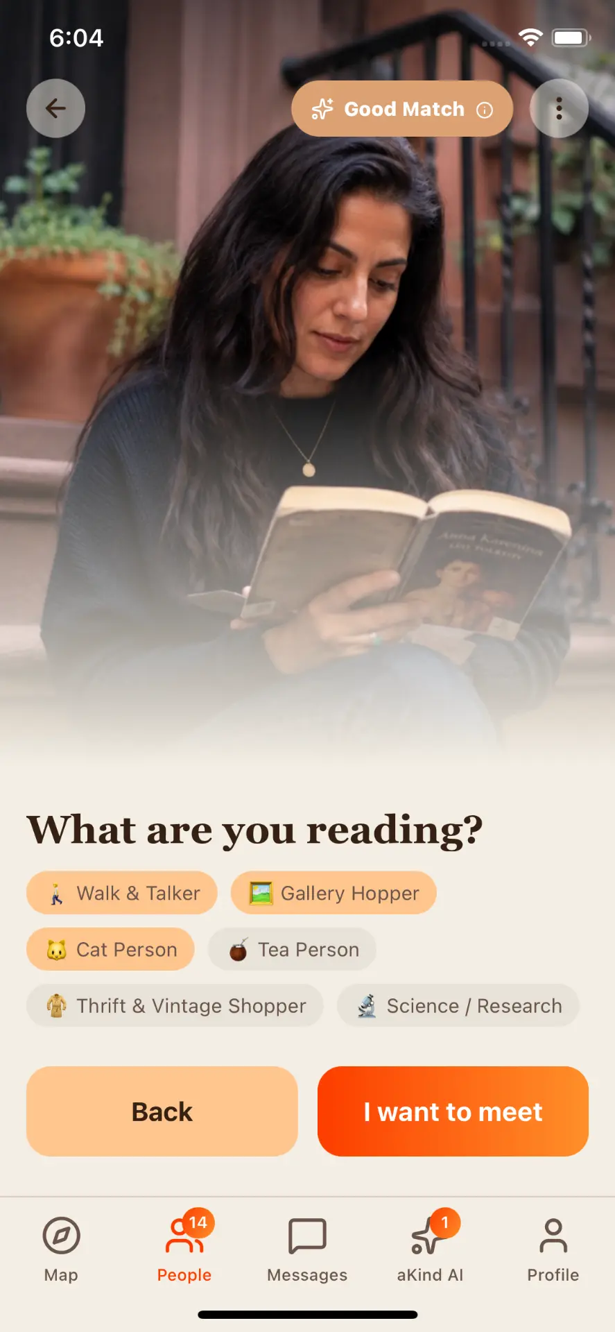 aKind reading preferences screen with interest badges