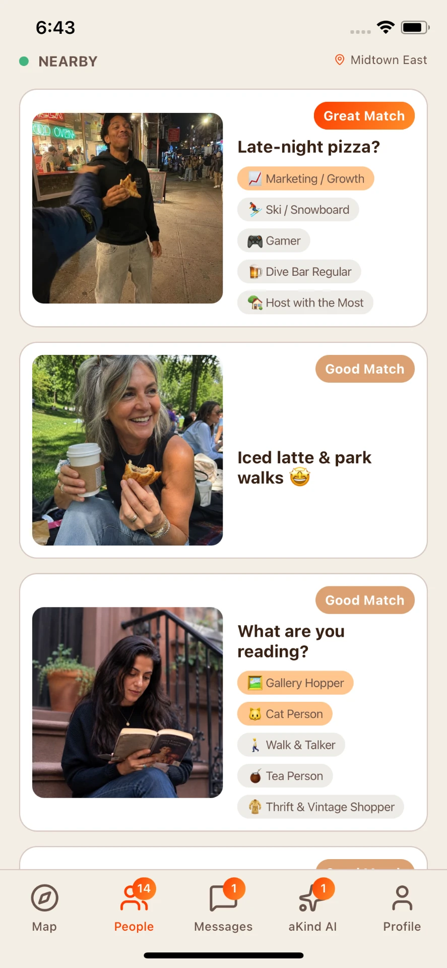 Akind list of nearby and suggested people with match scores