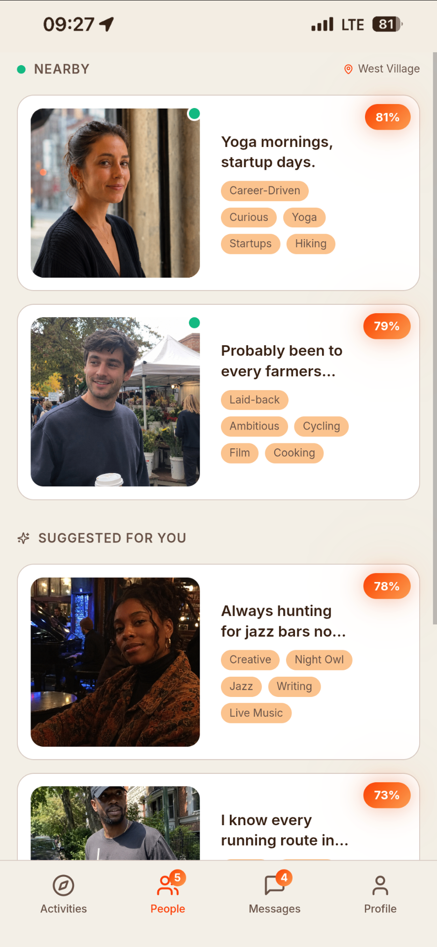 aKind app showing nearby singles at a curated mixer